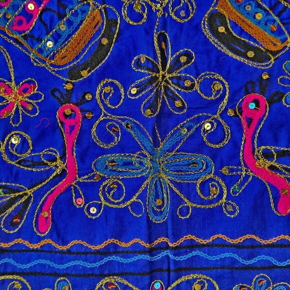 Handmade Embroidered Elephant Tablecloth/Wall Hanging Sequins Folk Art India - Picture 6 of 8